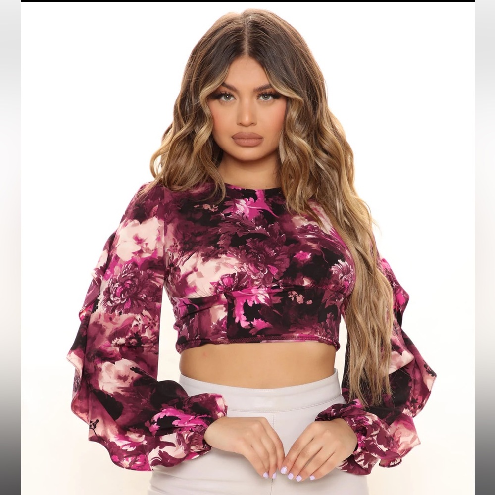 Fly Private Jets ruffle long sleeve crop top